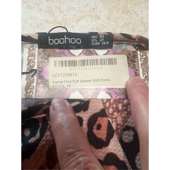 Boohoo Animal Print Puff Sleeve Shift Dress Sz 12 NWT - Picture 3 of 8
